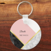 Porte-clés Élégant bloc de couleur rose marbre noir avec nom (Recto)