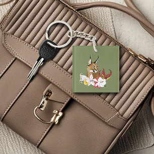 Porte-clés Élégant Caracal Chat Sauvage Lis Floral Vert