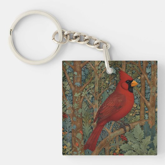 Porte-clés Elégant cardinal rétro Art Nouveau rouge oiseau (Devant)
