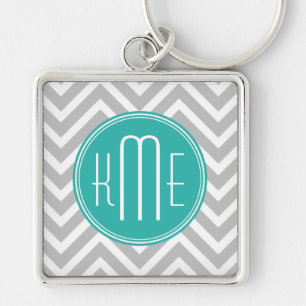 Porte-clés Élégant Chevron Gris Moderne et Monogramme Menthe