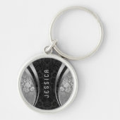 Porte-clés Élégant Damas Florales Noir Et Argent (Devant)