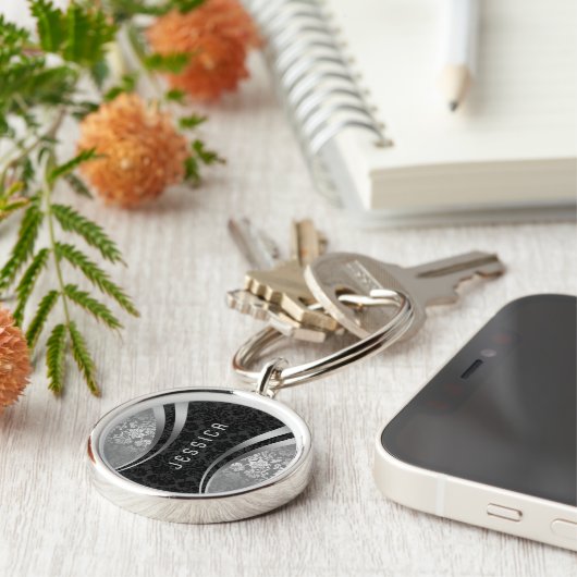 Porte-clés Élégant Damas Florales Noir Et Argent (Côté)