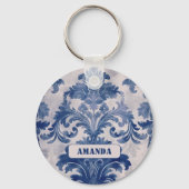 Porte-clés Élégant damassé Bleu toile de jouy monogramme (Recto)