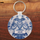 Porte-clés Élégant damassé Bleu toile de jouy monogramme (Verso)