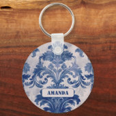 Porte-clés Élégant damassé Bleu toile de jouy monogramme (Recto)
