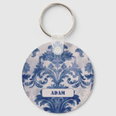 Porte-clés Élégant damassé Bleu toile de jouy monogramme (Verso)