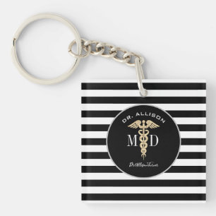 Porte-clés Elégant Docteur Médicale Caduceus Noir Personnal