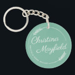 Porte-clés Élégant Feuille Vert Nom personnalisé Entreprise<br><div class="desc">Design élégant autocollant rond personnalisé pour un propriétaire de petite entreprise dispose de votre prénom et de votre nom de famille dans le script de calligraphie moderne encadré par une couronne ronde avec des feuilles de laurier chic rustique. Personnalisez le texte courbe avec un nom commercial ou un autre libellé...</div>