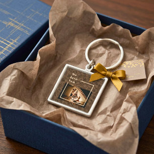 Porte-clés Elegant Floral Custom Family Photo Text Brown