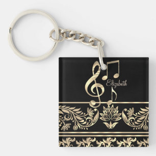 Porte-clés Élégant floral doré, clé de violon, note
