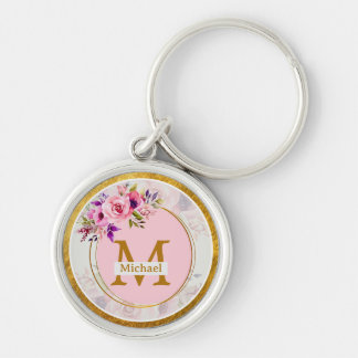 Porte-clés Elegant Floral Gold Monogram | Name & Initial