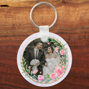 Porte-clés Élégant M. et Mme Fleurs Roses Mariage