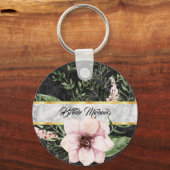Porte-clés Élégant Marbre Noir Rose Floral Avec Nom (Recto)