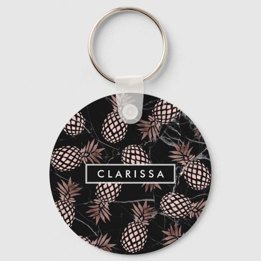 Porte-clés élégant marbre noir rose or ananas (Recto)