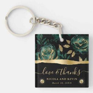 Porte-clés Élégant mariage floral rose pailleté vert et or