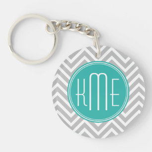 Porte-clés Élégant Moderne Monogramme Gris Chevron et Menthe