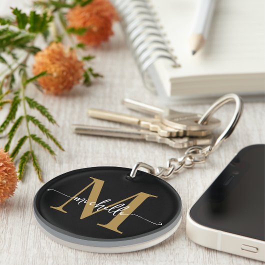 Porte-clés Élégant moderne Noir Monogramme Nom Script (Devant Droit)