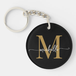 Porte-clés Élégant moderne Noir Monogramme Nom Script