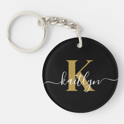 Porte-clés Élégant Monogramme Black Gold Script (Devant)