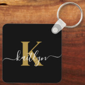 Porte-clés Élégant Monogramme Black Gold Script (Verso)