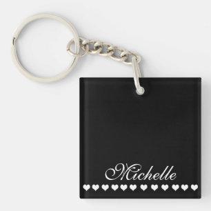 Porte-clés Élégant Monogramme Coeurs blancs Noir