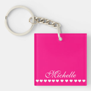 Porte-clés Élégant Monogramme Coeurs blancs rose vif