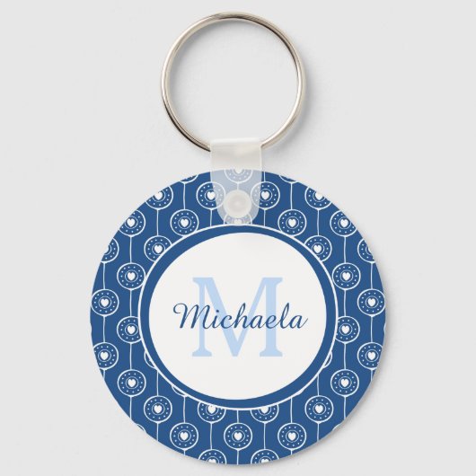 Porte-clés Élégant Monogramme de Coeurs Bleu et Blanc avec no (Recto)