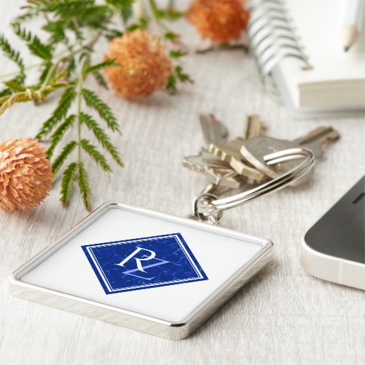 Porte-clés Élégant Monogramme de diamant en marbre bleu royal (Côté)