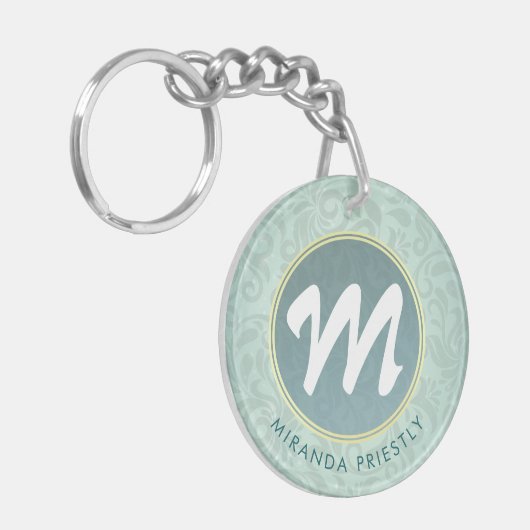 Porte-clés Élégant Monogramme Faux Or Turquoise Damas Floral (Devant gauche)