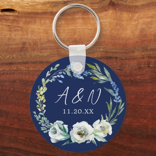 Porte-clés Élégant Monogramme floral bleu marine Mariage d'hi (Recto)