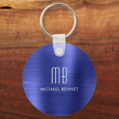 Porte-clés Élégant Monogramme Marine Blue Faux brossé Métal (Verso)