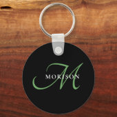 Porte-clés Élégant Monogramme moderne noir vert Script (Recto)