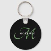 Porte-clés Élégant Monogramme moderne noir vert Script (Verso)
