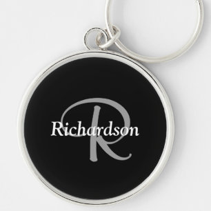 Porte-clés Élégant Monogramme Noir Blanc et Gris Argent