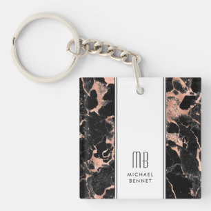 Porte-clés Élégant Monogramme Rose Gold Marbre noir