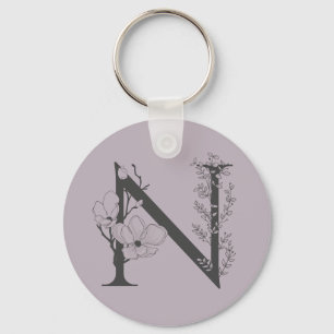 Porte-clés Élégant N Boho Floral Monogramme Initial Lilac Gri
