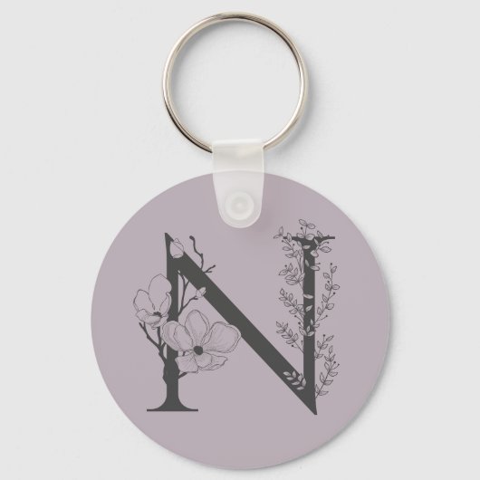 Porte-clés Élégant N Boho Floral Monogramme Initial Lilac Gri (Recto)