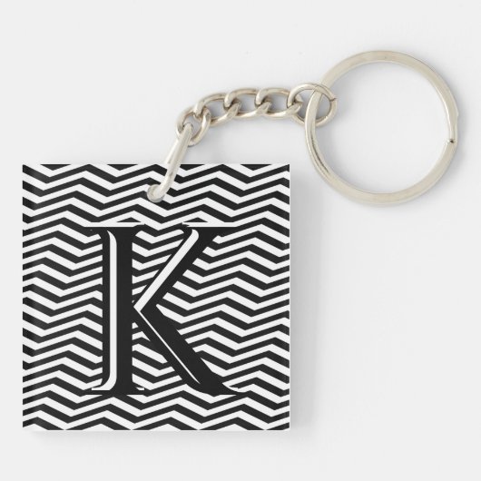 Porte-clés Élégant noir blanc Chevron Stripe Monogramme perso (Dos)