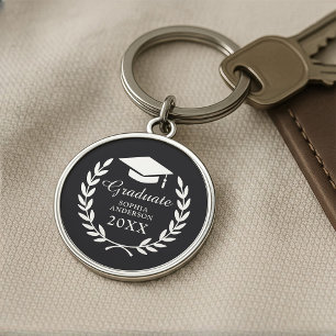 Porte-clés Élégant Noir Nom personnalisé Emblème Graduation