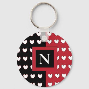 Porte-clés Élégant Noir Rouge Blanc Coeurs Monogramme