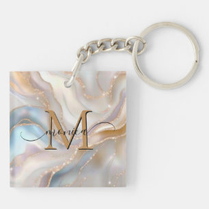 Porte-clés Élégant or et nacre Monogramme Nom Personnalisé