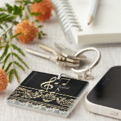 Porte-clés Élégant or floral, Clé de violon, Note (Devant Droit)