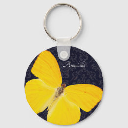 Porte-clés Elégant Papillon jaune Noir Damas Ajouter un nom