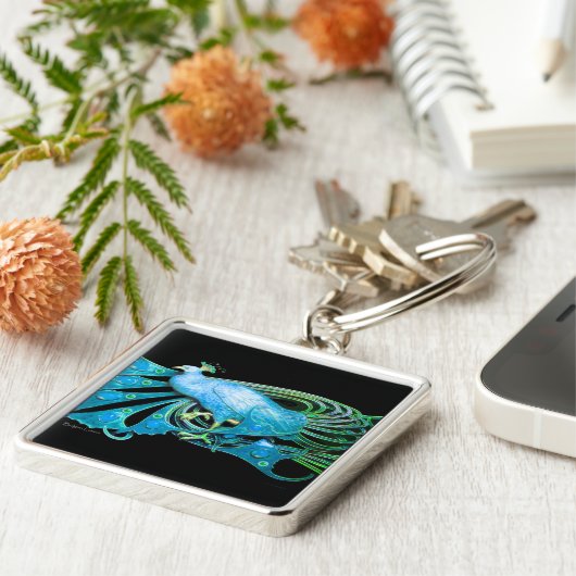 PORTE-CLÉS ÉLÉGANT PEACOCK BLEU TURQUOISE EN NOIR (Côté)