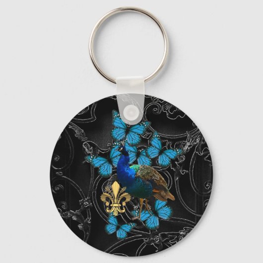 Porte-clés Elégant Peacock et papillons bleus sur noir (Recto)