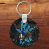 Porte-clés Elégant Peacock et papillons bleus sur noir (Recto)