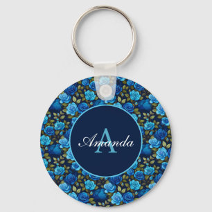 Porte-clés Élégant Rose bleu motif floral Monogramme photo