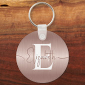 Porte-clés Élégant Rose or brossé métal Girly Monogrammé (Recto)