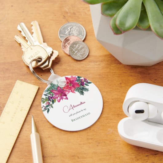 Porte-clés Élégant rose Poinsettias Mariage de Noël (Bureau)