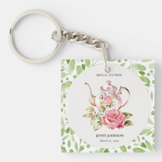 Porte-clés Élégant Rose Vert Floral Fleurs Mariage (Devant)